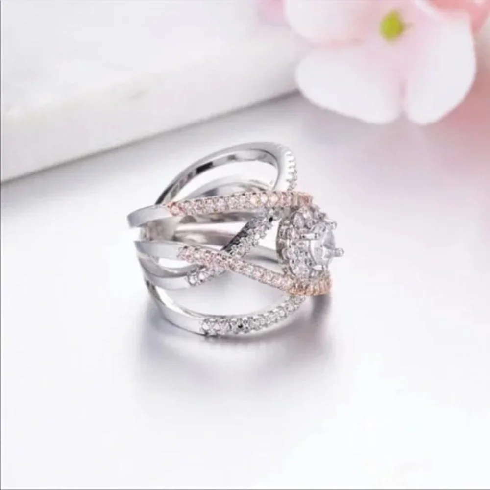 CROSS 925 STERLING SILVER ROSE GOLD DIAMOND RING, CUTE RING, SHINY RING. - Picture 4 of 4